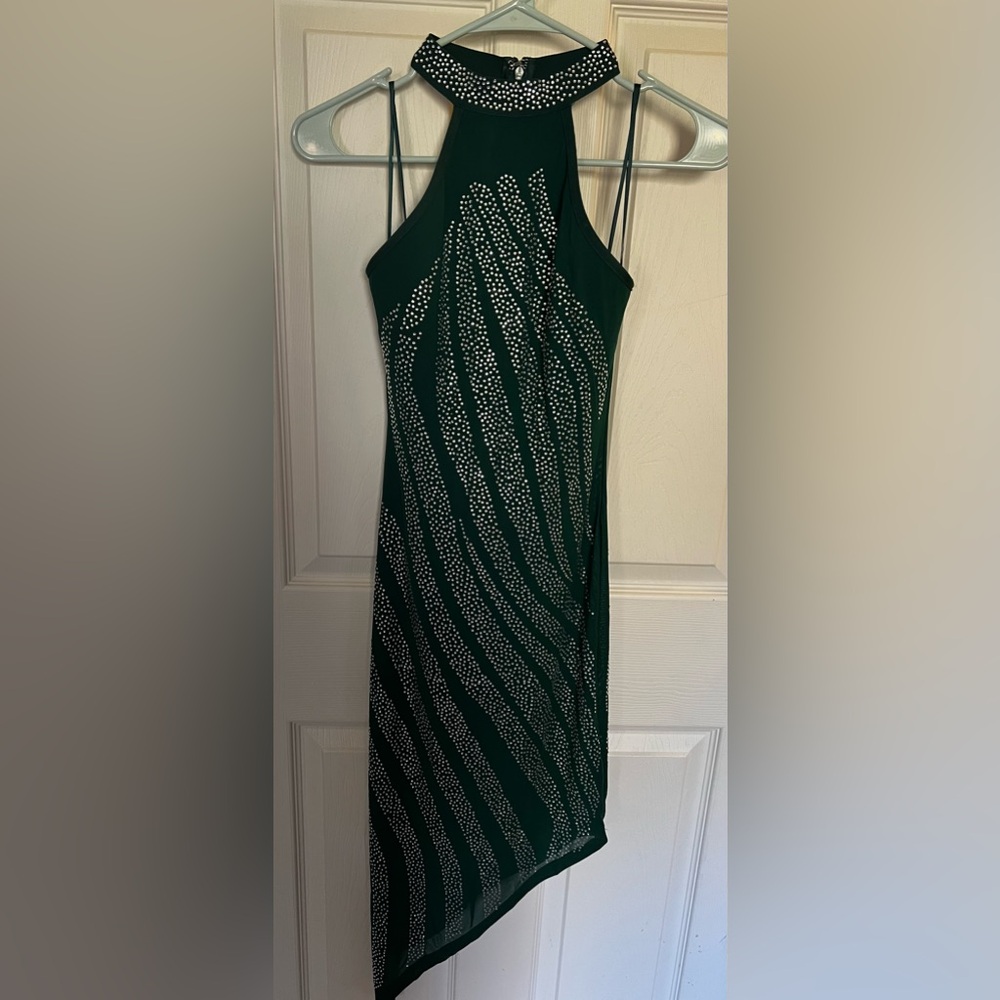 New! Green Halter Neck Embellished Dress, Size S
